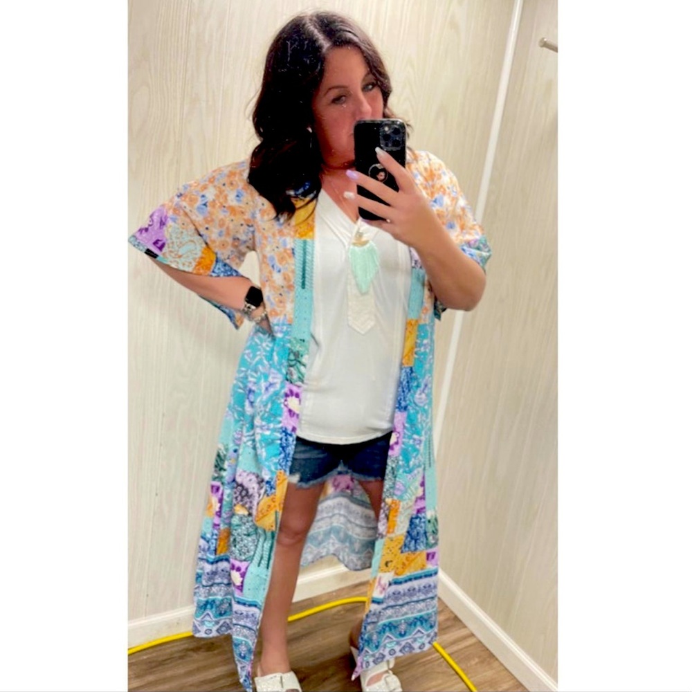 Mixed print teal kimono